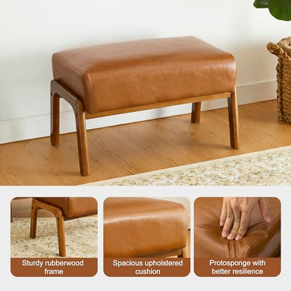 15.5"(H) Footrest Stool, Leatherette Ottoman, Accent Padded Sofa Foot Stool for Accent Chair, Wood Frame Foot Rest Ottoman for Living Room, Bedroom, Yellowish-Brown
