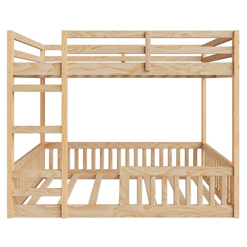 JIVOIT Full Over Full Bunk Bed, Solid Wood Bunk Bed Frame with Ladder and Guardrails, Wood Slats Support, No Box Spring Needed (Natural/ 4)