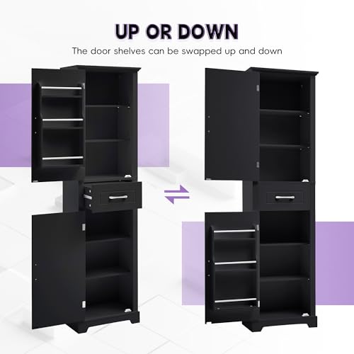 73 Inch Bathroom Storage Cabinet with Adjustable Shelves, Black | Black MDF, bathroom or office, painted finish, door shelves, enclosed cabinets, lower compartment, anti-tip kit, 72.5 in H
