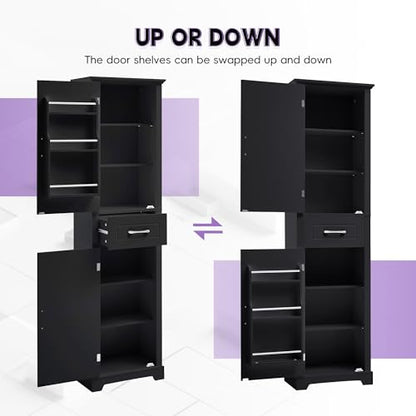 73 Inch Bathroom Storage Cabinet with Adjustable Shelves, Black | Black MDF, bathroom or office, painted finish, door shelves, enclosed cabinets, lower compartment, anti-tip kit, 72.5 in H