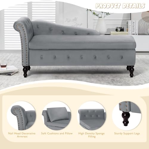 Velvet Chaise Lounge w/Left Armrest & Storage Space, Grey, view 8