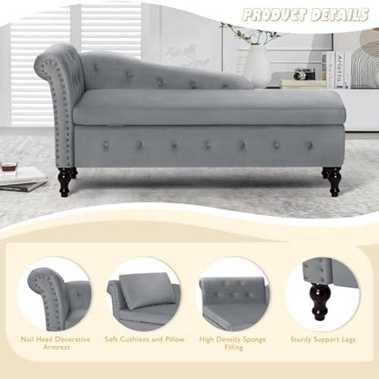 Velvet Chaise Lounge w/Left Armrest & Storage Space, Grey, view 8
