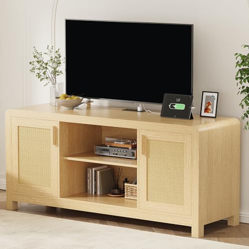 TV Stand with Power Outlet for TVs up to 65", Entertainment Center with Rattan Doors Storage & Adjustable Shelves, Cord Holes, Modern Media Console for Living Room, Natural