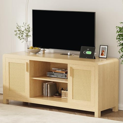 TV Stand with Power Outlet for TVs up to 65", Entertainment Center with Rattan Doors Storage & Adjustable Shelves, Cord Holes, Modern Media Console for Living Room, Natural
