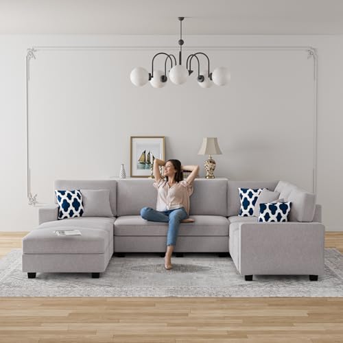 Oversized Modular Sectional Sofa,U/L‑Shaped Reversible Couch with Ottoman,Deep Seat Plush Polyester Sofa for Living Room,8‑Seater,Light Grey