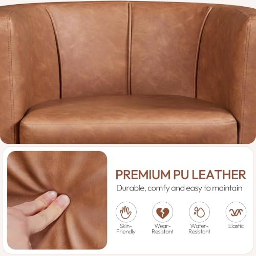 Yaheetech Barrel Accent Chairs Set of 2, Modern Armchairs, Brown | Faux Leather Chair with High-Density Foam Seat, Upholstered Barrel Sofa Chair for Living Room Bedroom Waiting Room