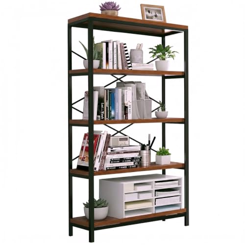 Industrial Bookshelf 5-Tier, Bookcase 58" H Ladder Shelf, Storage Shelves Rack Shelf Unit, Accent Furniture Metal Frame, Home Office Furniture for Bathroom, Living Room, Vintage Brown