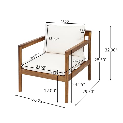 Krixi Acacia Wood Lounge Chair Outdoor with Rope Accent, Accent Chair with Water-Repellent Cushions, Comfy Chairs for Garden/Backyard, Heavy Duty Patio Furniture, Teak + Cream