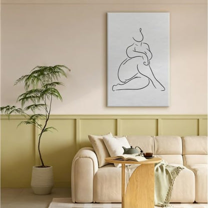 Seated Human Figure Line Drawing Wall Art Canvas Print, minimal figurative line art artwork in black line on white for bedroom, bedroom, office, apartment, modern farmhouse(24x36Inch,Black Framed