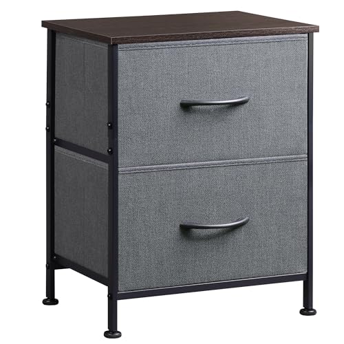 Dark grey two drawer nightstand dresser with fabric bins, view 2