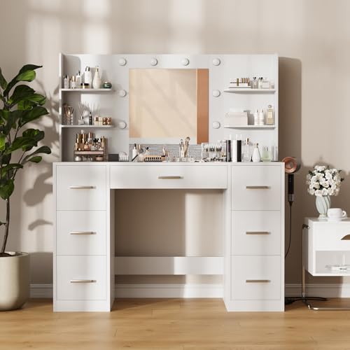 Vanity Desk with LED Mirror,Power Outlet,7 Drawers Makeup Table, view 6