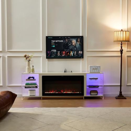 70.5" Electric Fireplace TV Stand for 75" TV with LED Storage, White, view 3