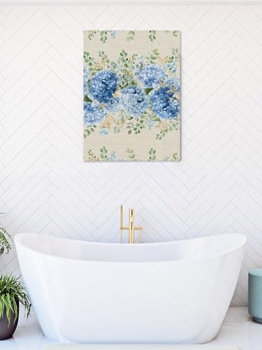 NuYeBiofx Blue Hydrangea Farm Eucalyptus Canvas Wall Art Prints,48"x32" Framed Picture Artwork Vintage Linen Texture Printed Canvas Oil Painting for Living Room Bedroom Office,Ready to Hang