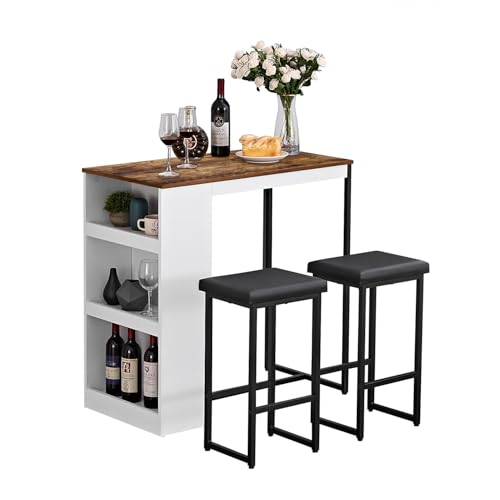 3 Piece Dining Table Set Kitchen Bar Table with Two Stool Storage Shelves Wood Counter Height Table Top with Sew Kerf Finish Dining Room Home