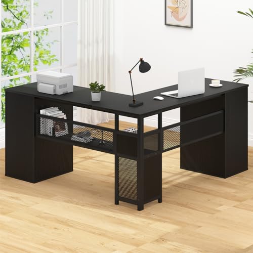 Black L Shaped Desk with File Drawers Shelves, Reversible Corner Metal Wood Computer Desk with Storage Cabinet, Modern Large Executive Work Writing Study Table for Home Office Bedroom, 59 Inch