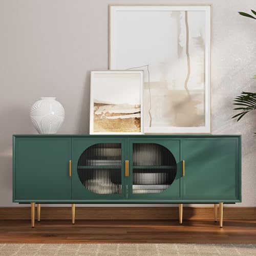 TV Stand with Storage, 66" Modern TV Entertainment Center for TVs up to 75 Inch, Under TV Cabinet with Glass Door, TV Console Media Center for Living Room, Bedroom Green