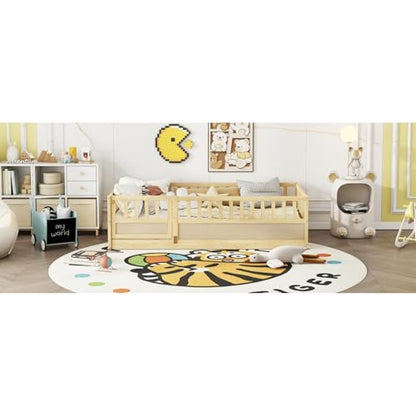 Montessori Wooden Floor Bed Frame, Integrated Kids Sleeping Bed with Safety Barrier and Access Door, Sturdy Pine Bedroom Furniture for Children Daily Rest (Natural,78 * 41'' +Support Plate)