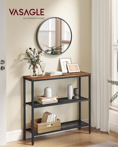 VASAGLE 31.5" Console Table, Narrow Behind Couch Table, 3 Tier | BARNET Collection, One Piece Top, Steel Frame, for Entryway, Living Room, Modern, Rustic Brown and Ink Black ULNT037KD01S