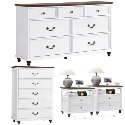 24" Wide Farmhouse Nightstand with Charging Station Set of 2,54" 7 Drawers Dresser, 45" Tall Rustic Chests of 5 Drawers, Farmhouse Furniture Series for Bedroom,White