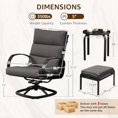 Patio Furniture Set, 5 Pieces Outdoor Swivel Rocker with Ottoman, High Back, Deep Seating with 5" Olefin Cushion, Patio Rocking Chairs for Porch, Backyard (Dark Grey)