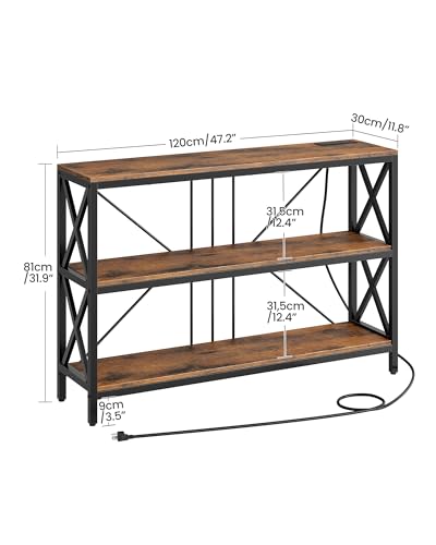 47.2" Console Table with Charging Station, 3-Tier Entryway Table, Industrial Sofa Desk, Hallway Desk with 2 AC Outlets and 2 USB Ports Metal Frame, Rustic Brown and Black TXG01UBF