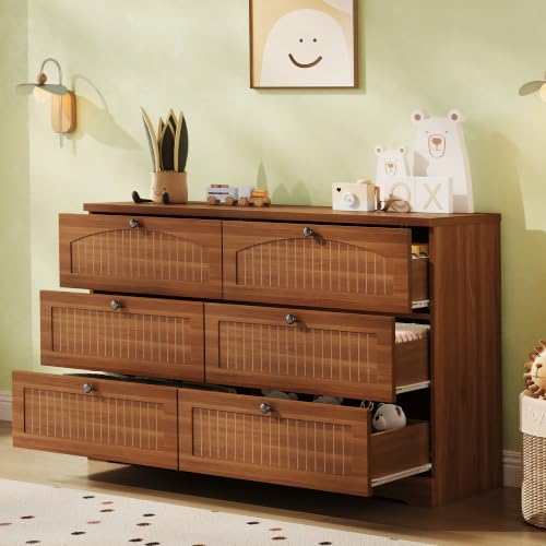 Fluted 6 Drawer Dresser, Wooden Chest of Drawers for Bedroom, Walnut, view 4