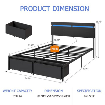 Full Size Bed Frame with Wood Headboard,2 Storage Drawers & Shelf, view 3