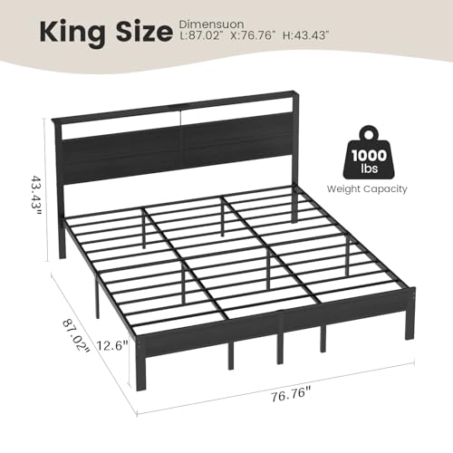 King Size Bed Frame with LED Lights and Charging Station, view 3