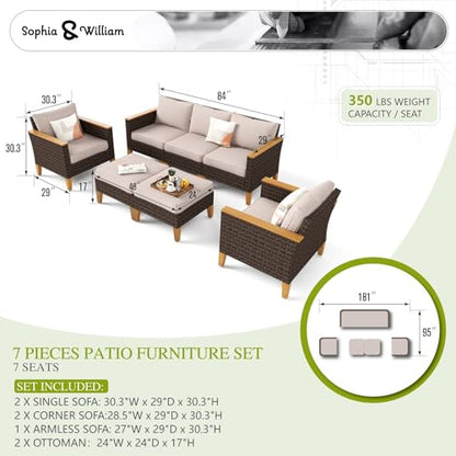 Wicker Patio Furniture Set, Outdoor Rattan Sectional Sofa 7 Piece Patio Conversation Set with 2 x Corner Sofa, 2 x Single Chairs, 1 x Armless Couch, 2 x Ottoman for Deck, Backyard