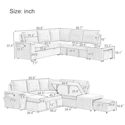 L-Shaped Modular Sofa with Removable Storage Ottoman, USB Ports and Cup Holder, Upholstered Sectional Couch & Armrest, Free Combination Indoor Furniture for Living Room, Apartments, Beige