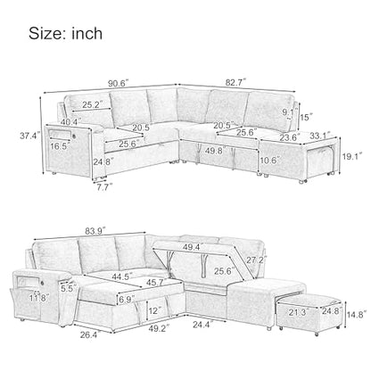 L-Shaped Modular Sofa with Removable Storage Ottoman, USB Ports and Cup Holder, Upholstered Sectional Couch & Armrest, Free Combination Indoor Furniture for Living Room, Apartments, Gray