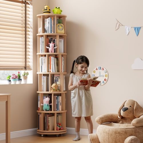 6 Tier Solid Wood Rotating Bookshelf Tower on Wheels, Natural, view 4