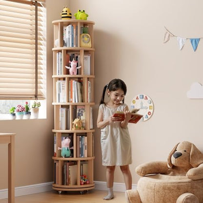 6 Tier Solid Wood Rotating Bookshelf Tower on Wheels, Natural, view 4