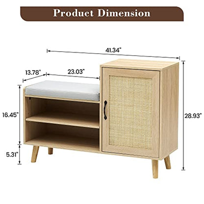 GAOMON 2-in-1 Natural Rattan Shoe Storage Bench with Upholstered, Shoe Cabinets with Adjustable Shelf, Home Entrance Shoe Rack for Hallway Living Room Bedroom Dorm and Small Apartment