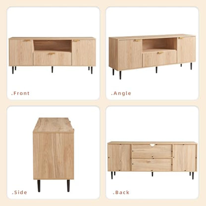 Modern Fluted TV Stand for 65 Inch TVs with Drawer, Oak | Modern fluted TV stand with drawer, storage cabinets, soft-close hinges and cable management, perfect for living rooms.