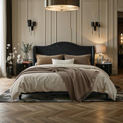 Queen Size Bed Frame, Plush Velvet Wingback, Modern Style, Black, view 2