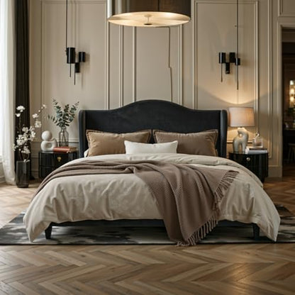 Queen Size Bed Frame, Plush Velvet Wingback, Modern Style, Black, view 2