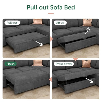 Modular Sectional Sleeper Sofa with Pull Out Bed, Corduroy L Shaped Couch with Storage Seats, Convertible Sectional Couches for Living Room, Dark Grey