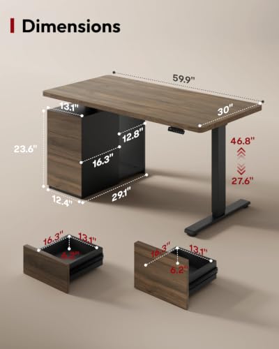 Executive Standing Desk w/Drawers & Dual Motor, Walnut & 60", view 3