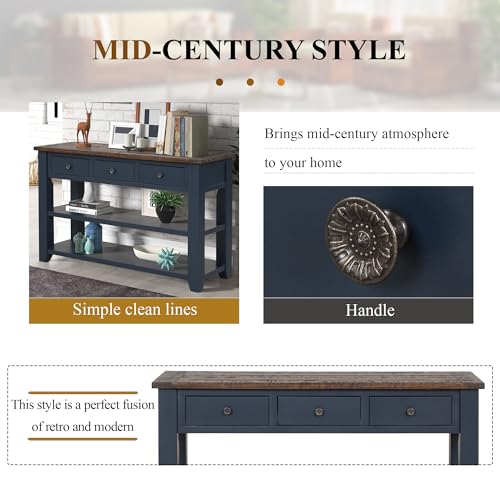 Solid Wood Console Table for Entryway;Sofa Table with Storage | 48.8 Inch Blue Real Wood Farmhouse Console Table with Drawers;Entry Way Table for Living Room,Foyer,Hallway;Easy Assembled