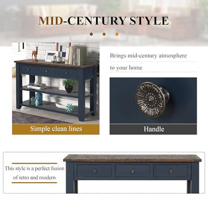Solid Wood Console Table for Entryway;Sofa Table with Storage | 48.8 Inch Blue Real Wood Farmhouse Console Table with Drawers;Entry Way Table for Living Room,Foyer,Hallway;Easy Assembled