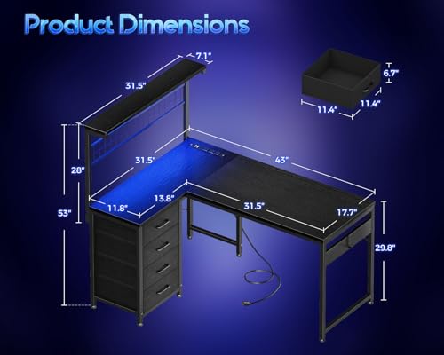 43" L Shaped Gaming Desk with Shelf & 4 Drawers, Black, view 3