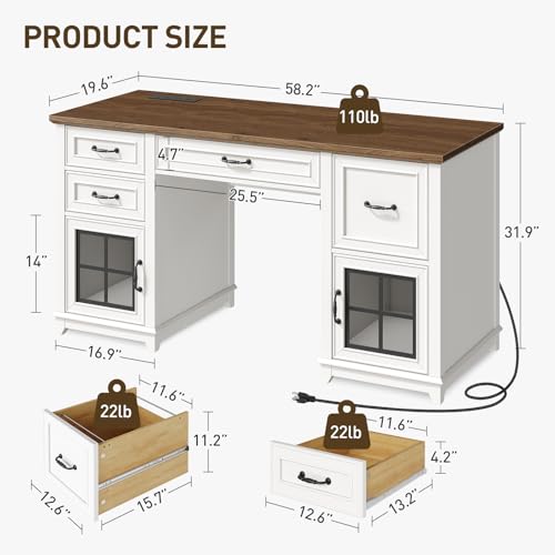 58" Farmhouse Desk with Drawers, Executive Desk with Power Outlet, view 3