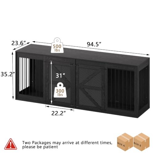 94in Double Dog Crate Furniture, Dog Kennel TV Stand, Black, view 3