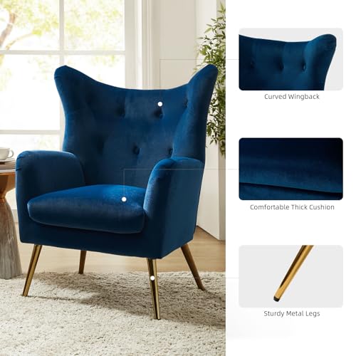 Velvet Tufted Accent Chair, Modern Wingback Arm Chair, Navy