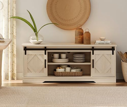23.6"H Farmhouse TV Stand for 65" TV with Barn Doors& Hidden Storage | 59.1" W Rustic Country-Style TV Cabinet with Smooth Barn Door Slides,Holds 100+ CDs,Height-Adjustable Media Shelf