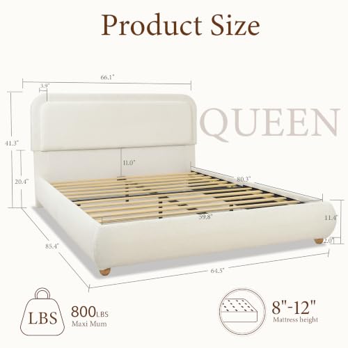 Boucle Cloud Queen Bed Frame with Headboard, Solid Wood Legs, Creamy, view 3