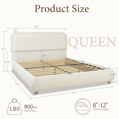 Boucle Cloud Queen Bed Frame with Headboard, Solid Wood Legs, Creamy, view 3