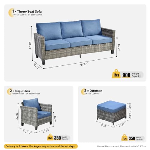 Patio Furniture Set, 5 Pieces Outdoor Wicker Sofa Couch with Chairs, Ottomans and Comfy Cushions, All Weather High Back Rattan Conversation Set, Denim Blue