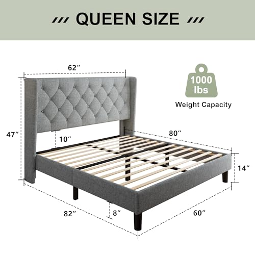 Queen Bed Frame with Upholstered Wingback Headboard, view 3